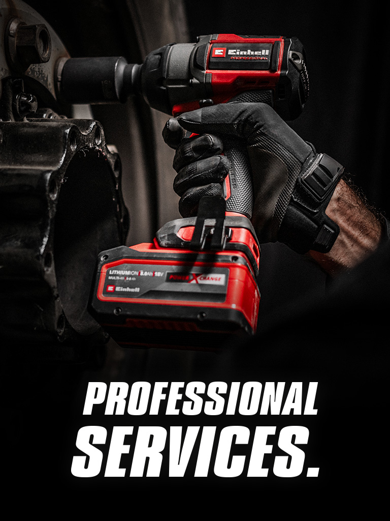 Close-up of a red cordless impact wrench being used on a wheel, with the text "Professional Services".