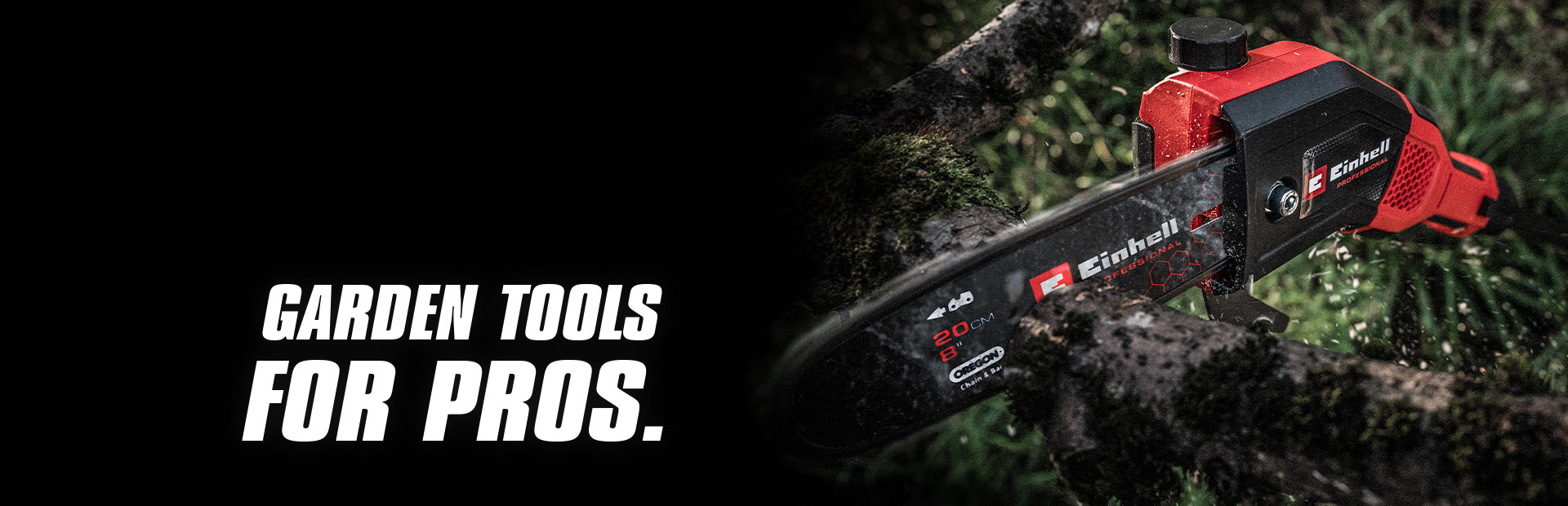 A red cordless chainsaw cuts through a branch, with the text "Garden Tools for Pros".